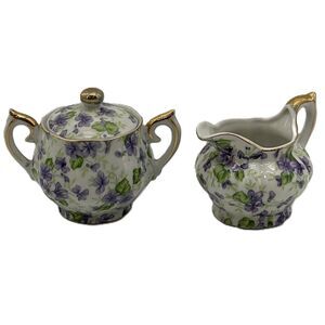 Set of 2 Lefton China Floral Creamer & Sugar Bowl w/ Lid Hand Painted Gold Trim